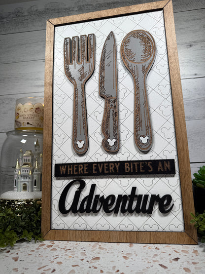 Every Bite Fork Knife Park-Inspired Framed Sign | Wooden Wall Art & Handmade Home Decor | 10.9in x 18.5in