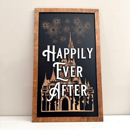 Happily Ever After Nighttime Spectacular Park-Inspired Framed Sign | Wooden Wall Art & Handmade Home Decor | 10.9in x 18.5in