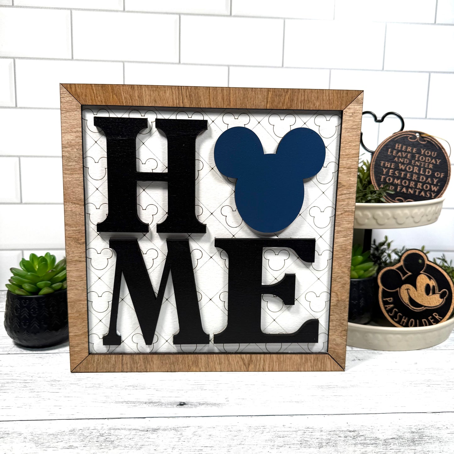 NEW Home Square Framed Sign | White Background | Black Letters | Blue Mouse Head