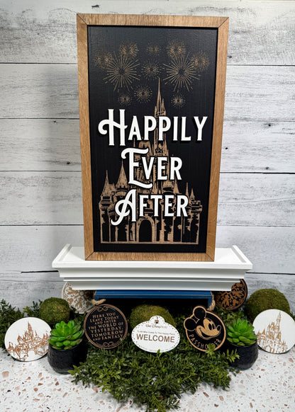 Happily Ever After Nighttime Spectacular Park-Inspired Framed Sign | Wooden Wall Art & Handmade Home Decor | 10.9in x 18.5in