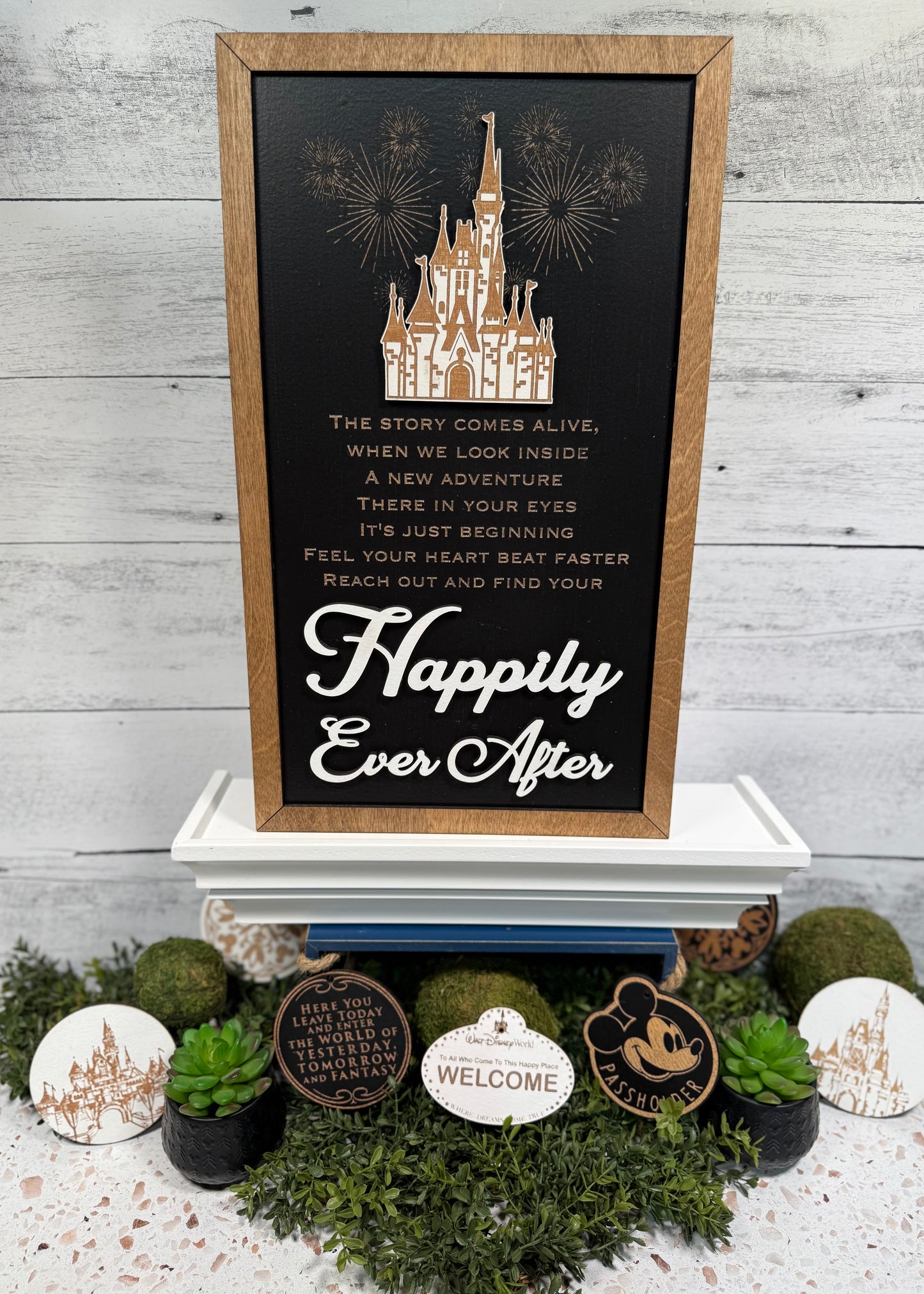 Reach Out & Find Your Happily Ever After | Park-Inspired Framed Sign | Wooden Wall Art & Handmade Home Decor | 10.9in x 18.5in