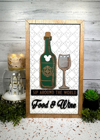 Sip Around The World Wine Park-Inspired Framed Sign | Wooden Wall Art & Handmade Home Decor | 10.9in x 18.5in