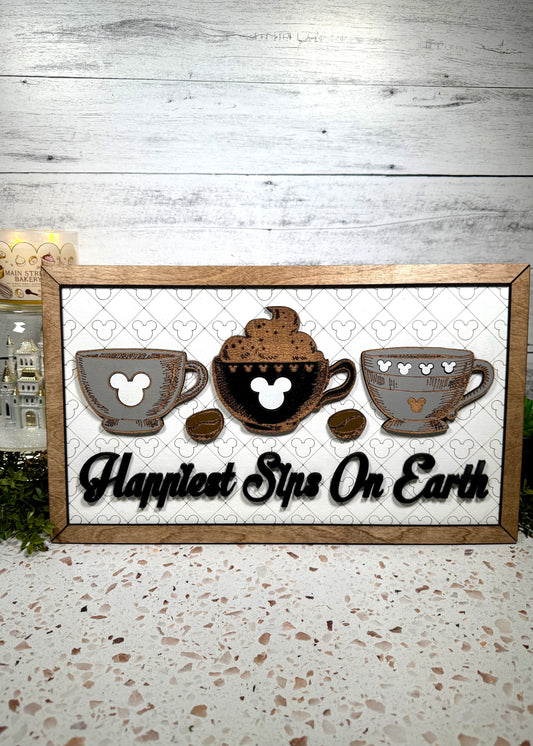 Happiest Sips Park-Inspired Framed Sign | Wooden Wall Art & Handmade Home Decor | 10.9in x 18.5in