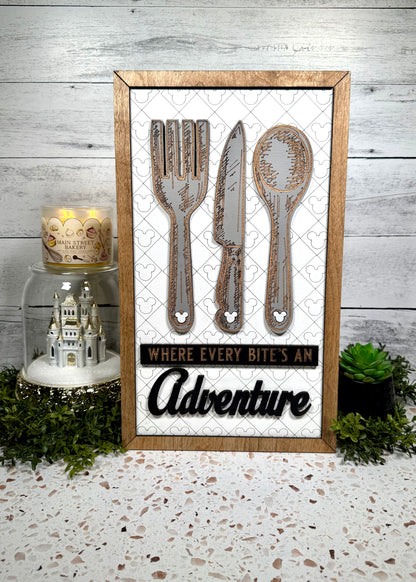 Every Bite Fork Knife Park-Inspired Framed Sign | Wooden Wall Art & Handmade Home Decor | 10.9in x 18.5in