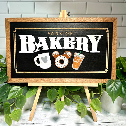 Main Street Bakery | Black | Hot & Iced Coffee | Park-Inspired Framed Sign | Wooden Wall Art & Handmade Home Decor | 10.9in x 18.5in