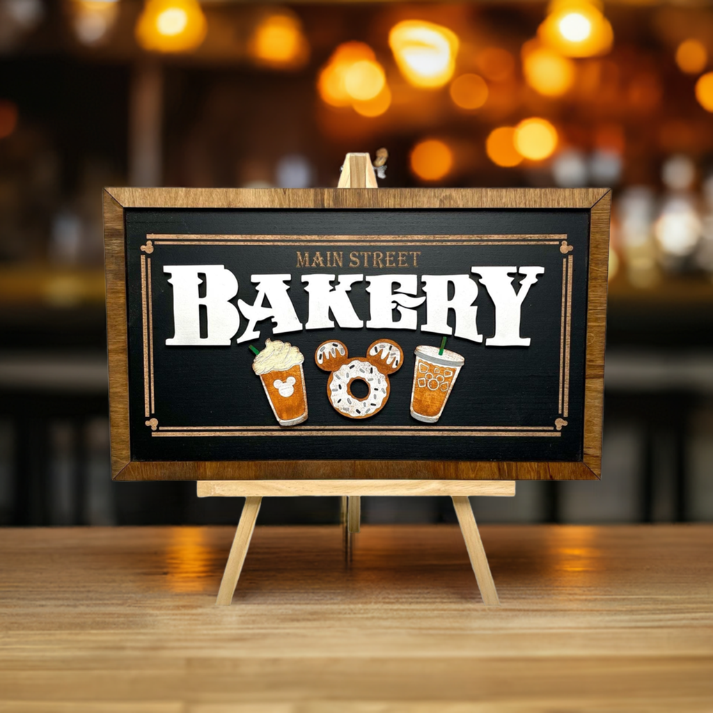 Main Street Bakery | ICED COFFEE | Park-Inspired Framed Sign | Wooden Wall Art & Handmade Home Decor | 10.9in x 18.5in