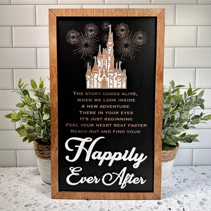 Reach Out & Find Your Happily Ever After | Park-Inspired Framed Sign | Wooden Wall Art & Handmade Home Decor | 10.9in x 18.5in