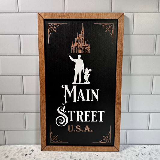 Walking Down Main Street U.S.A. Park-Inspired Framed Sign | Wooden Wall Art & Handmade Home Decor | 10.9in x 18.5in